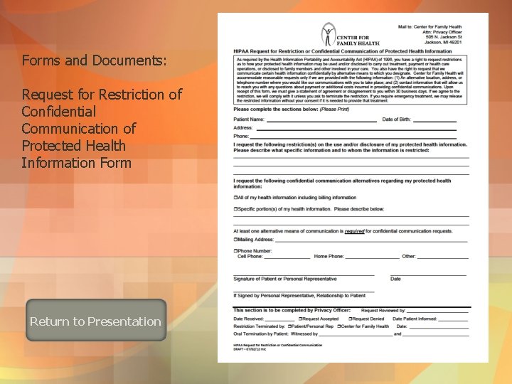 Forms and Documents: Request for Restriction of Confidential Communication of Protected Health Information Form