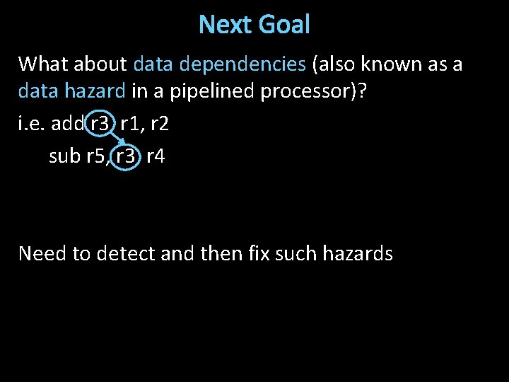 Next Goal What about data dependencies (also known as a data hazard in a