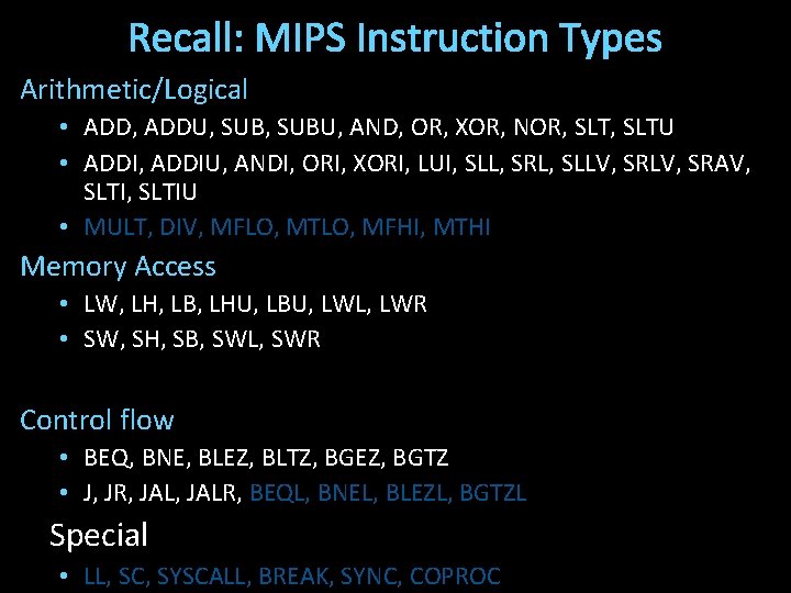 Recall: MIPS Instruction Types Arithmetic/Logical • ADD, ADDU, SUBU, AND, OR, XOR, NOR, SLTU
