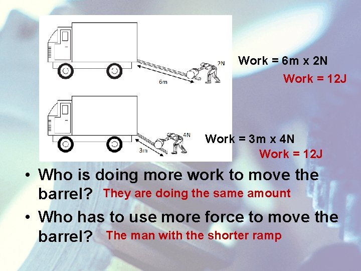 Work = 6 m x 2 N Work = 12 J Work = 3