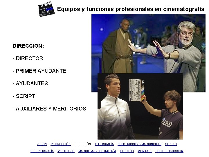 inicio Equipos y funciones profesionales en cinematografía DIRECCIÓN: - DIRECTOR - PRIMER AYUDANTE -