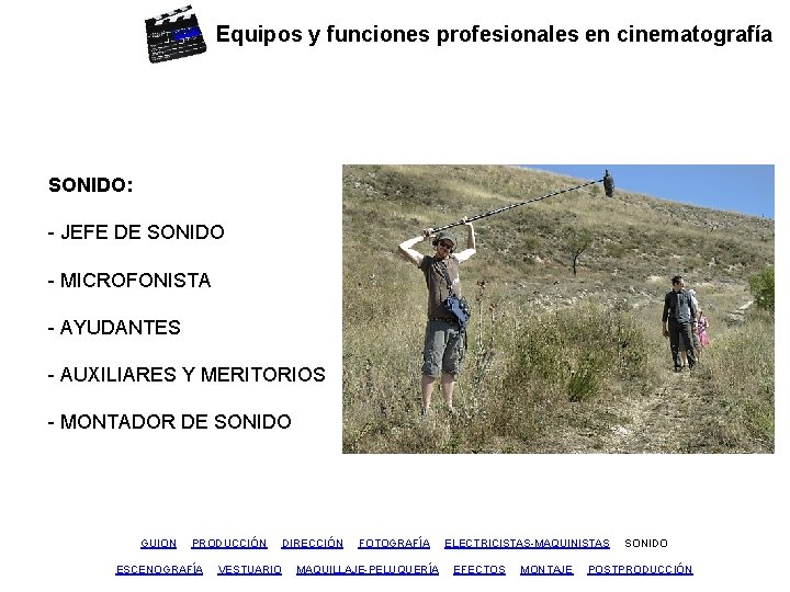 inicio Equipos y funciones profesionales en cinematografía SONIDO: - JEFE DE SONIDO - MICROFONISTA