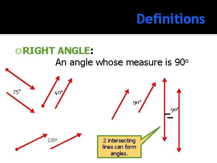 Definitions RIGHT 75 o ANGLE: ANGLE An angle whose measure is 90 o 40