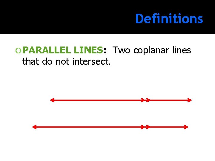 Definitions PARALLEL LINES: LINES Two coplanar lines that do not intersect. 