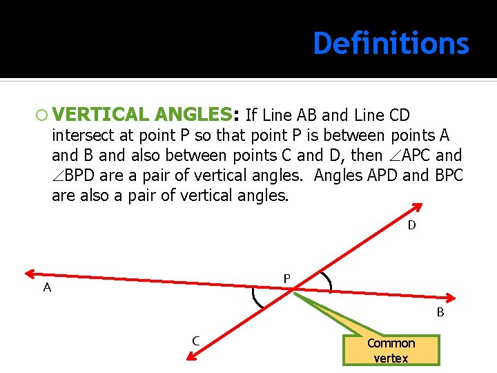 Definitions VERTICAL ANGLES: ANGLES If Line AB and Line CD intersect at point P
