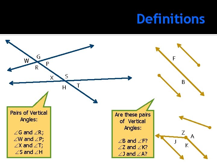 Definitions W G R F P X S H Pairs of Vertical Angles: G