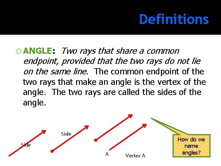 Definitions Two rays that share a common endpoint, provided that the two rays do