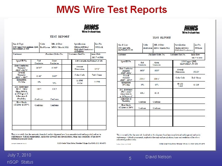 MWS Wire Test Reports July 7, 2010 n. SQP Status 5 David Nelson 