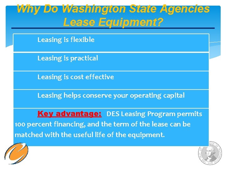 Why Do Washington State Agencies Lease Equipment? Leasing is flexible Leasing is practical Leasing