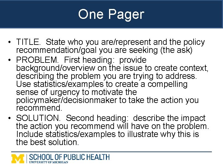 One Pager • TITLE. State who you are/represent and the policy recommendation/goal you are