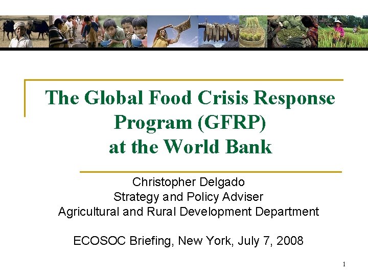 The Global Food Crisis Response Program (GFRP) at the World Bank Christopher Delgado Strategy