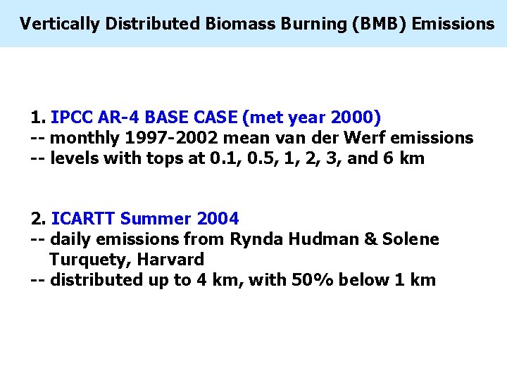 Vertically Distributed Biomass Burning (BMB) Emissions 1. IPCC AR-4 BASE CASE (met year 2000)