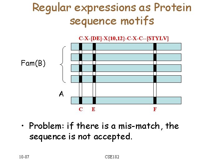 Regular expressions as Protein sequence motifs C-X-[DE]-X{10, 12}-C-X-C--[STYLV] Fam(B) A C E F •