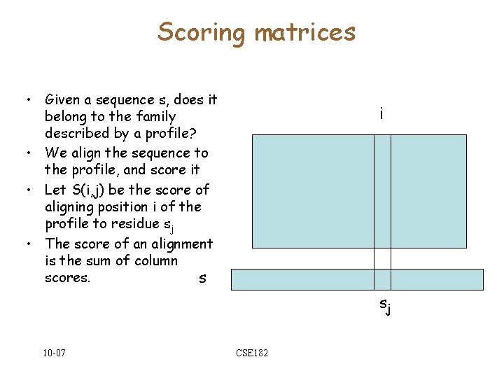 Scoring matrices • Given a sequence s, does it belong to the family described