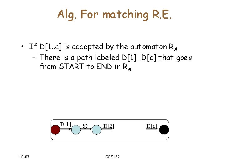 Alg. For matching R. E. • If D[1. . c] is accepted by the