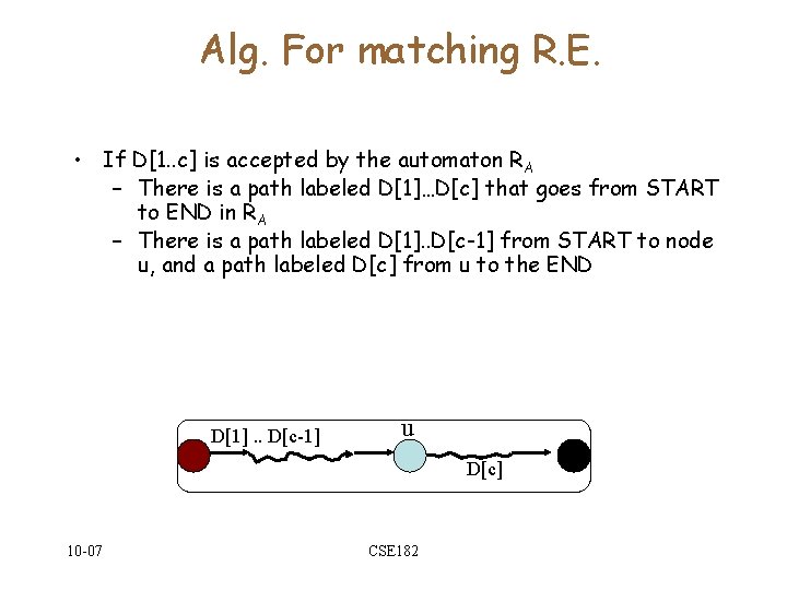 Alg. For matching R. E. • If D[1. . c] is accepted by the