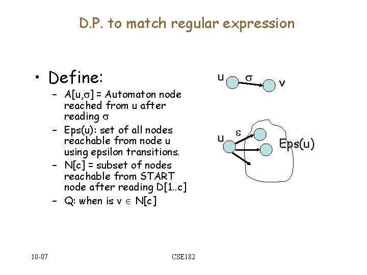 D. P. to match regular expression • Define: u – A[u, ] = Automaton