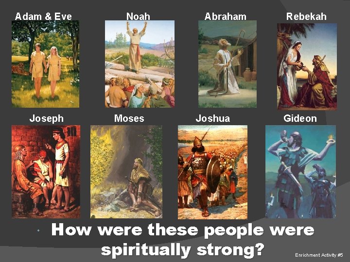 Adam & Eve Joseph Noah Moses Abraham Joshua Rebekah Gideon How were these people