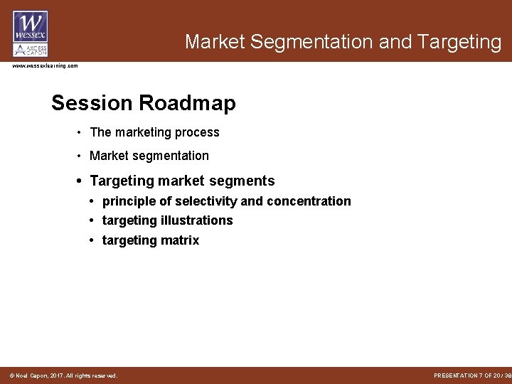 Market Segmentation and Targeting www. wessexlearning. com Session Roadmap • The marketing process •