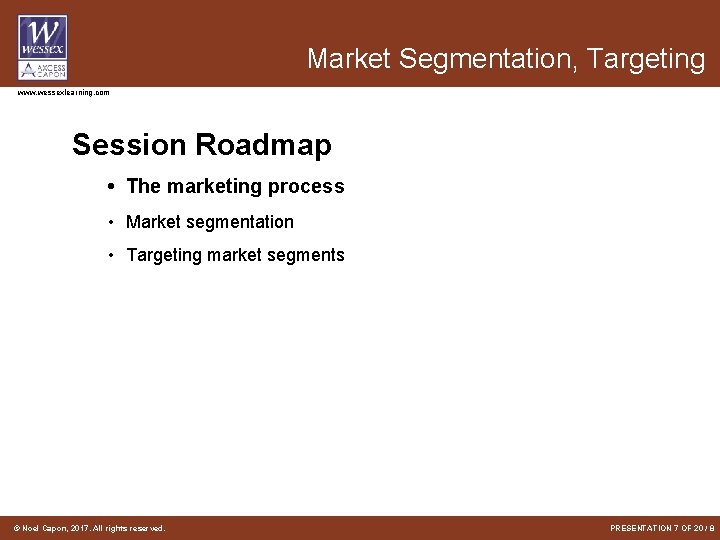 Market Segmentation, Targeting www. wessexlearning. com Session Roadmap • The marketing process • Market