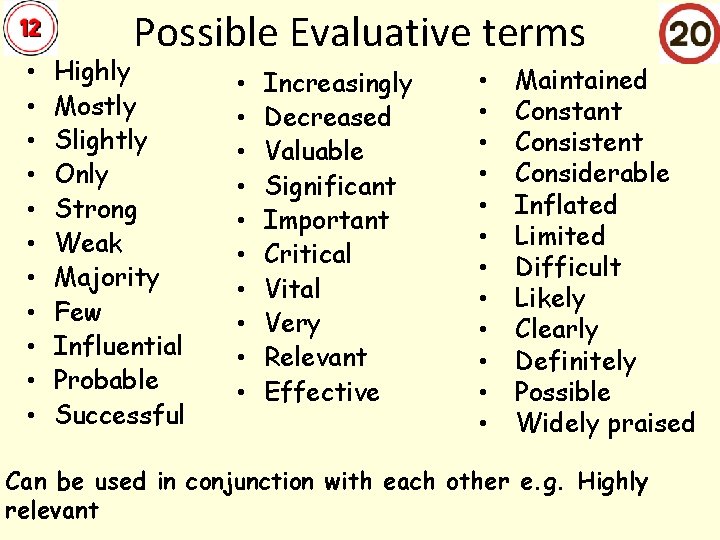  • • • Possible Evaluative terms Highly Mostly Slightly Only Strong Weak Majority