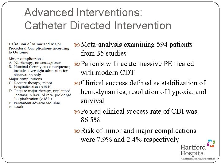 Advanced Interventions: Catheter Directed Intervention Meta-analysis examining 594 patients from 35 studies Patients with