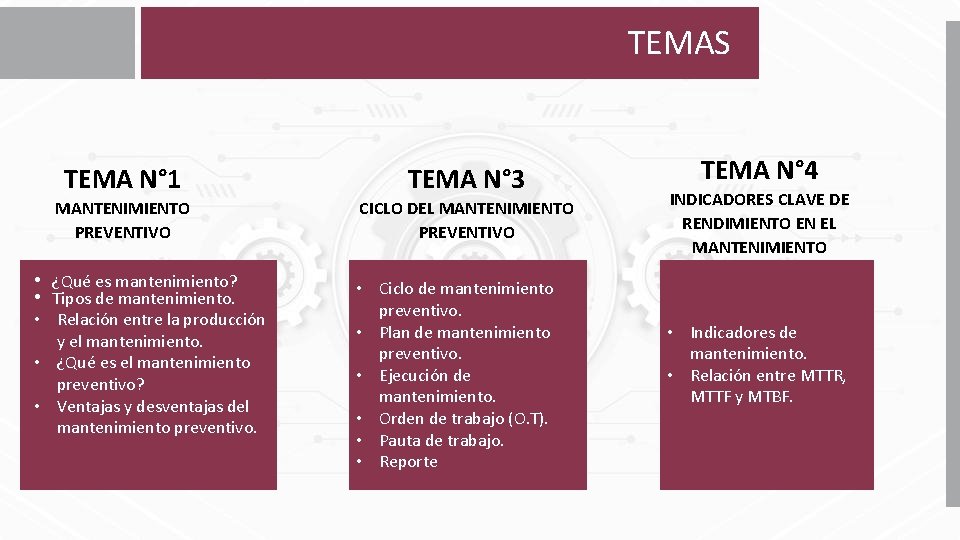 TEMAS TEMA N° 1 TEMA N° 3 MANTENIMIENTO PREVENTIVO CICLO DEL MANTENIMIENTO PREVENTIVO •