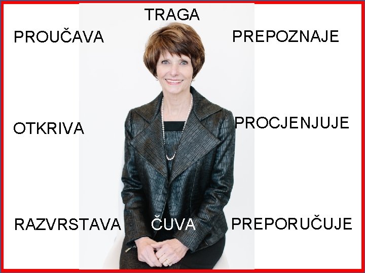 TRAGA PROUČAVA PREPOZNAJE OTKRIVA PROCJENJUJE RAZVRSTAVA ČUVA PREPORUČUJE 