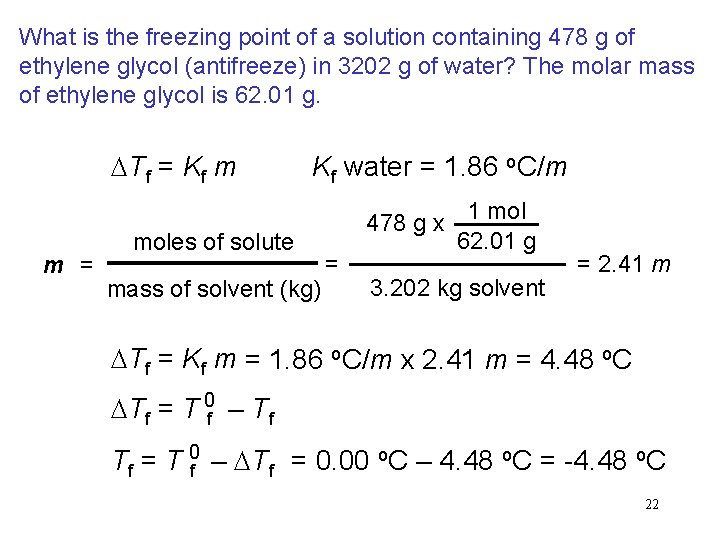 What is the freezing point of a solution containing 478 g of ethylene glycol