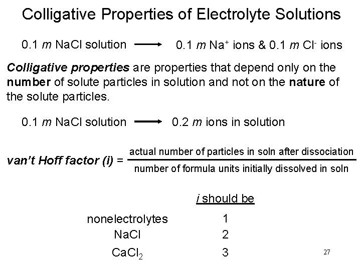 Colligative Properties of Electrolyte Solutions 0. 1 m Na. Cl solution 0. 1 m