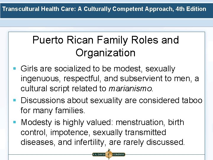 Transcultural Health Care: A Culturally Competent Approach, 4 th Edition Puerto Rican Family Roles