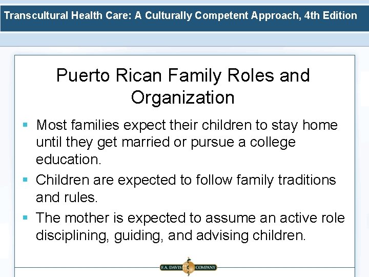 Transcultural Health Care: A Culturally Competent Approach, 4 th Edition Puerto Rican Family Roles