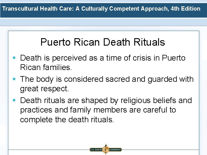 Transcultural Health Care: A Culturally Competent Approach, 4 th Edition Puerto Rican Death Rituals