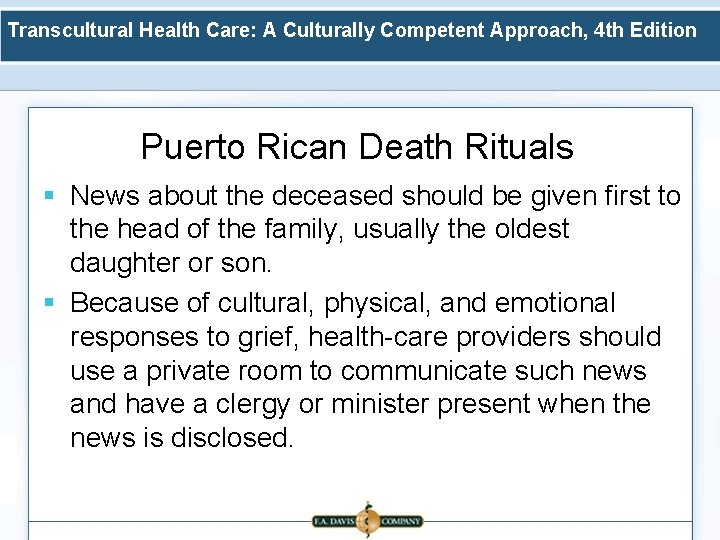 Transcultural Health Care: A Culturally Competent Approach, 4 th Edition Puerto Rican Death Rituals