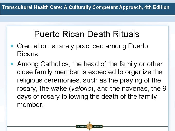 Transcultural Health Care: A Culturally Competent Approach, 4 th Edition Puerto Rican Death Rituals