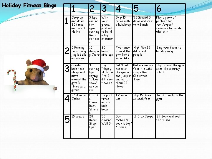Holiday Fitness Bingo 1 2 3 4 1 Jump up and down 20 times