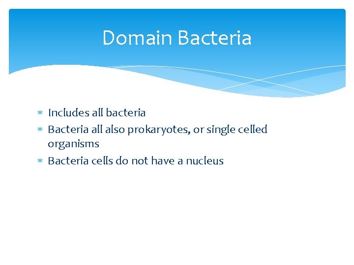 Domain Bacteria Includes all bacteria Bacteria all also prokaryotes, or single celled organisms Bacteria