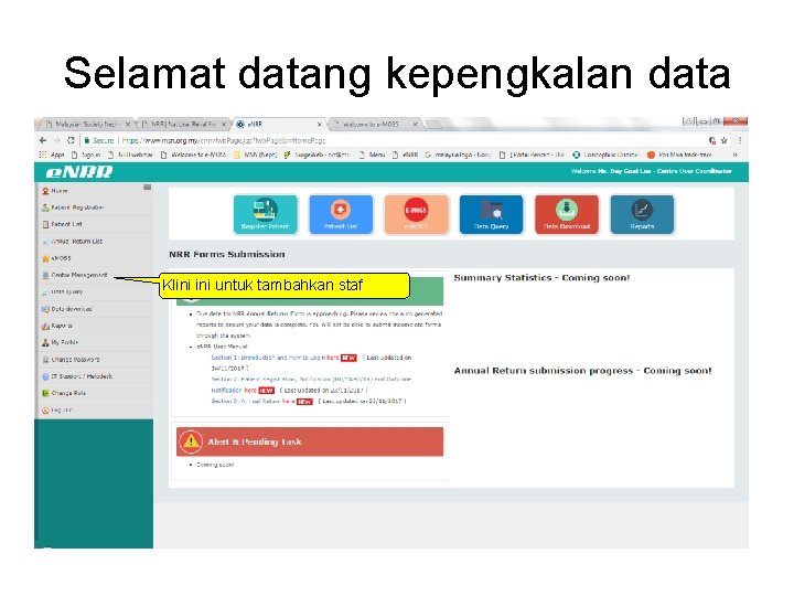 Selamat datang kepengkalan data Klini untuk tambahkan staf 