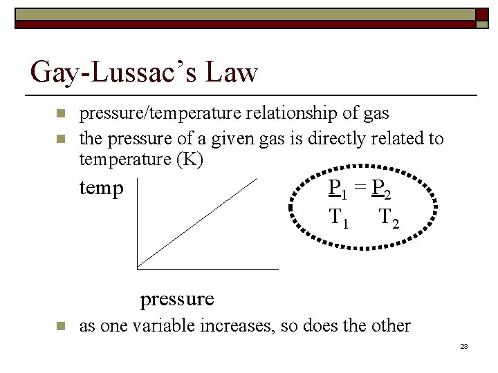 Gay-Lussac’s Law n n pressure/temperature relationship of gas the pressure of a given gas