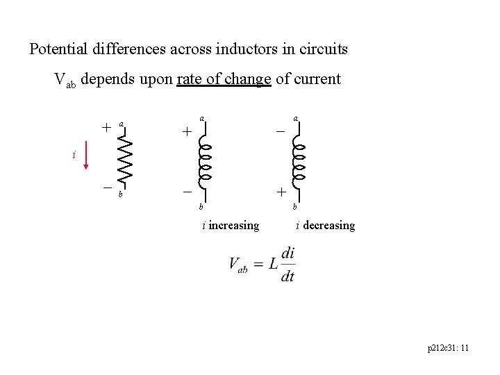 Potential differences across inductors in circuits Vab depends upon rate of change of current