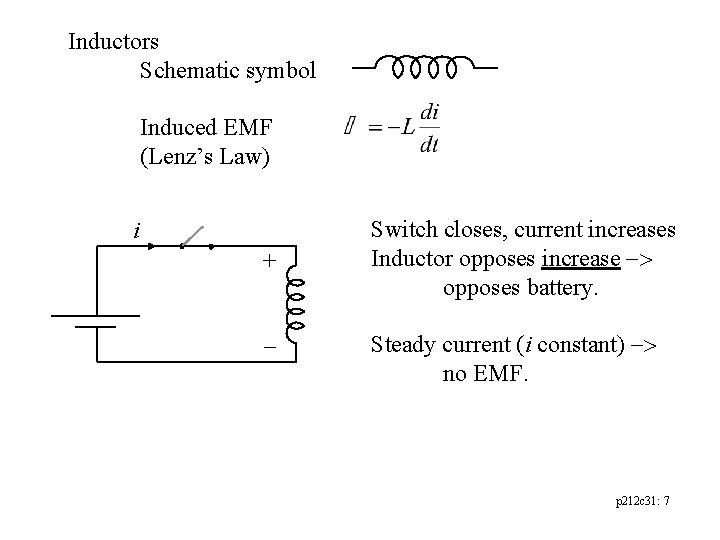 Inductors Schematic symbol Induced EMF (Lenz’s Law) i + - Switch closes, current increases