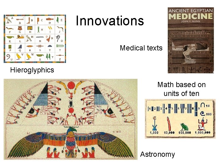 Innovations Medical texts Hieroglyphics Math based on units of ten Astronomy 