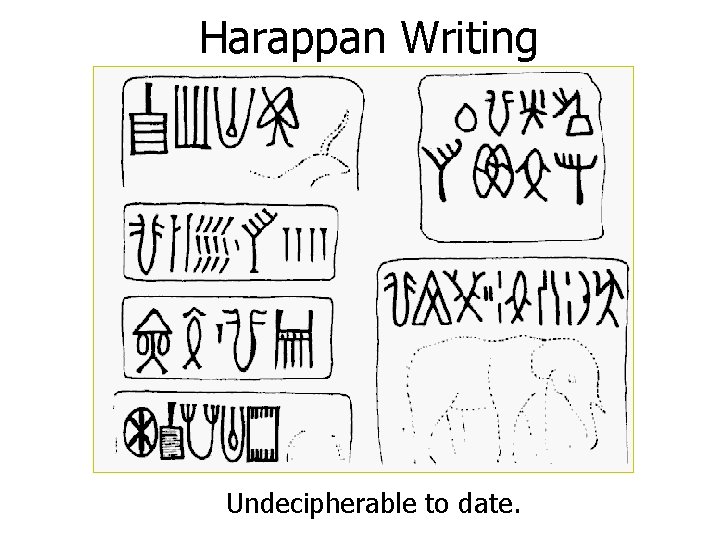 Harappan Writing Undecipherable to date. 