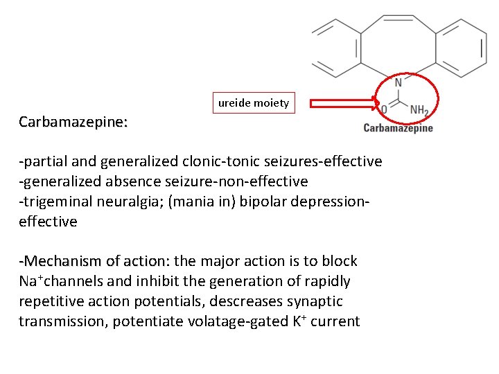 ureide moiety Carbamazepine: -partial and generalized clonic-tonic seizures-effective -generalized absence seizure-non-effective -trigeminal neuralgia; (mania