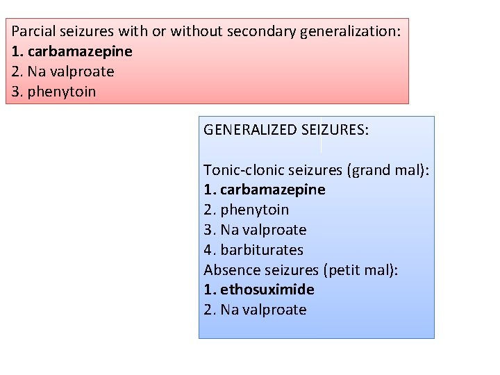 Parcial seizures with or without secondary generalization: 1. carbamazepine 2. Na valproate 3. phenytoin