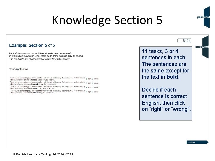 Knowledge Section 5 11 tasks, 3 or 4 sentences in each. The sentences are
