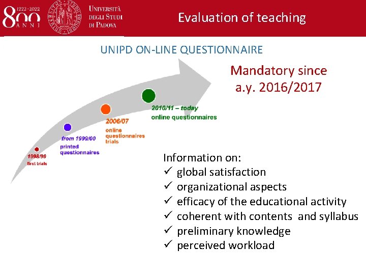 Evaluation of teaching UNIPD ON-LINE QUESTIONNAIRE Mandatory since a. y. 2016/2017 Information on: ü