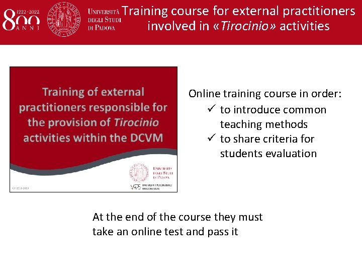 Training course for external practitioners involved in «Tirocinio» activities Online training course in order: