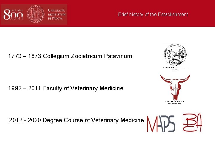Brief history of the Establishment 1773 – 1873 Collegium Zooiatricum Patavinum Brief hisory of