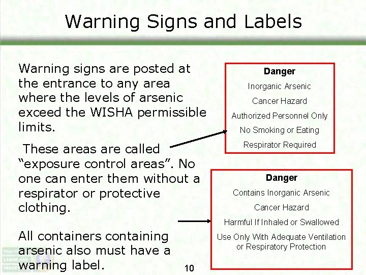 Warning Signs and Labels Warning signs are posted at the entrance to any area Warning Signs and Labels Warning signs are posted at the entrance to any area